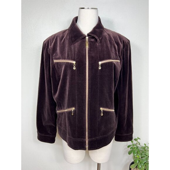 St. John Sport by Marie Gray Jackets & Blazers - Vintage St. John Sport Womens Brown‎ Velour Gold Zip Up Lined Jacket Sz XL Retro